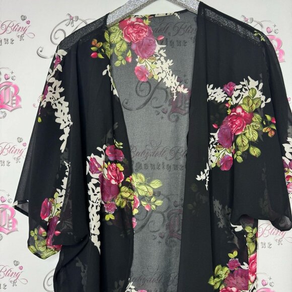 Floral cardigan sheer black pink red green flowers 💐 light weight kimono 👘 - Picture 2 of 5